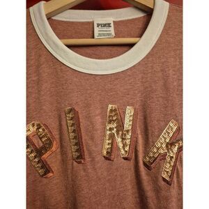 Victoria's Secret PINK XS Ringer Tee Sequin Sparkle Althletic Look T Shirt EUC
